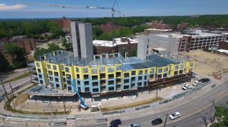 A construction site with a partially finished building.